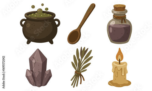 Vintage witchcraft elements with cauldron, crystal, and candle in earthy tones