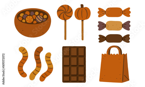 Autumn-themed sweets with chocolate bars, candies, and lollipops in textured art style