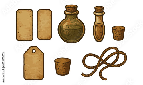 Vintage ephemera set with bottles, tags, and corks in retro cartoon style