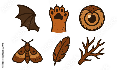 Mystical creature elements: wing, paw, eye, moth, feather, antler icons