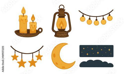 Cozy vintage lanterns, candles, and starry night decorations in rustic style