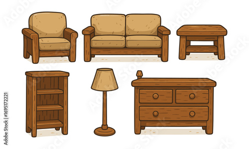Rustic wooden furniture set with sofa, armchair, table, shelf, lamp, and dresser in cartoon style