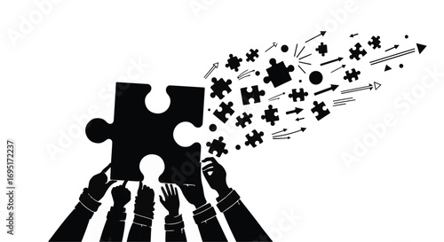 Hands work together to assemble a large puzzle, creating a burst of smaller pieces and arrows symbolizing progress and ideas.