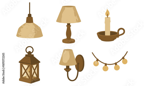 Vintage lighting collection with lamps and candle in rustic style