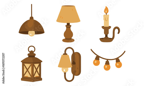 Rustic lighting collection featuring lanterns, candles, and lamps