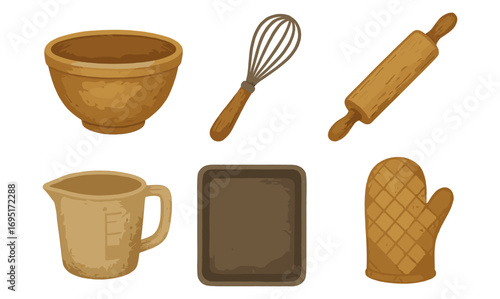 Baking tools collection: mixing bowl, whisk, and more kitchen essentials