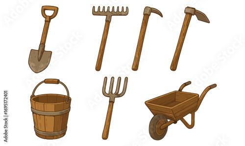 Rustic gardening tools collection with hand-drawn wooden style
