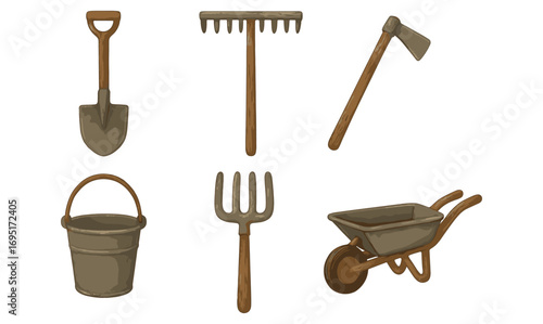 Collection of garden tools with wooden handles in rustic style