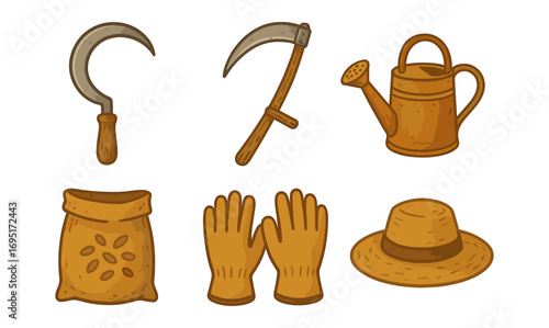 Rustic gardening tools collection: hand-drawn farm equipment set