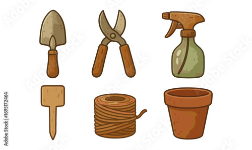 Gardening tools collection in rustic hand-drawn style for eco-friendly projects