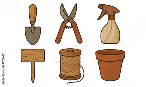 Rustic gardening tools collection in cartoon style for home horticulture enthusiasts