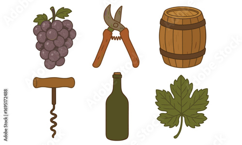 Vintage winery elements set: grapes, barrel, tools, and leaf icons in retro style
