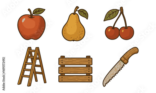 Vintage fruit and garden tools set with textured look