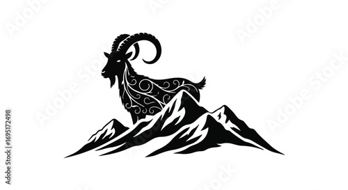 Majestic ibex silhouette standing proudly atop rugged mountain peaks with ornate swirling patterns.
