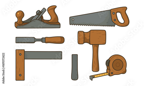 Vintage woodworking tools set: plane, saw, mallet, chisel, tape measure