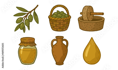 Hand drawn olive oil elements: branch, basket, press, amphora, bottle, and drop