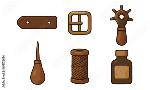 Vintage leather craft tools set featuring stitching awl and thread spool in rustic style