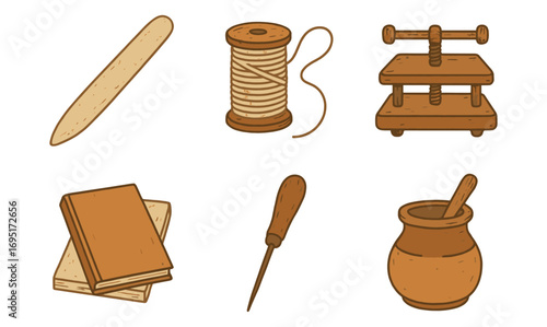Rustic vintage craft tools collection featuring bookbinding and pottery elements