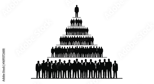 Silhouette of a large group of people forming a pyramid with one person at the top, symbolizing leadership and hierarchy.