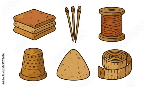 Sewing tools set: retro style needles, threads, thimble, and measuring tape