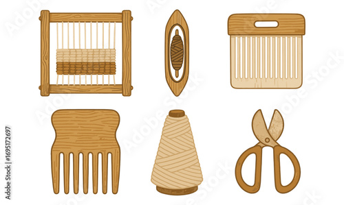 Textile tools collection: wooden loom, shuttle, and scissors in warm neutral tones