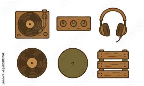 Vintage music equipment collection in retro style with texture details