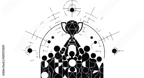 Diverse team celebrates achievement with trophy, symbolizing success and collaboration.