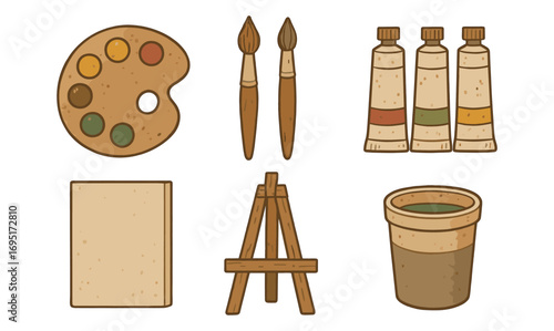 Artistic supplies collection with paint palette, brushes, and easel in retro style