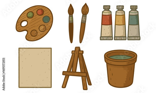 Art supplies set: retro style palette, brushes, and easel in textured design