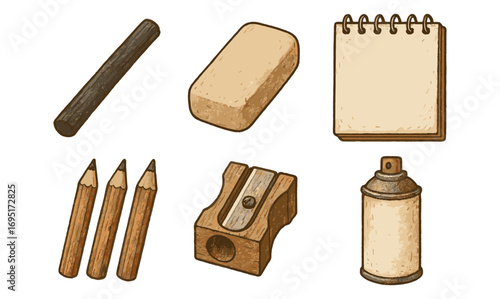 Vintage art supplies: charcoal, eraser, notepad, pencils, sharpener, spray can