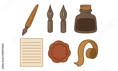 Vintage writing tools with inkwell, quill, and sealing wax stamp