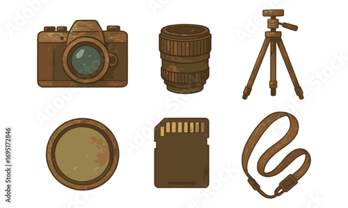 Vintage camera equipment icons in hand-drawn style for photography enthusiasts