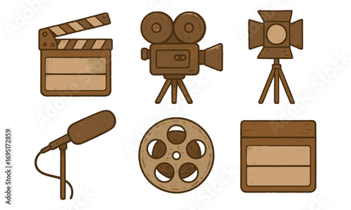 Vintage film equipment icons set with textured wooden aesthetic