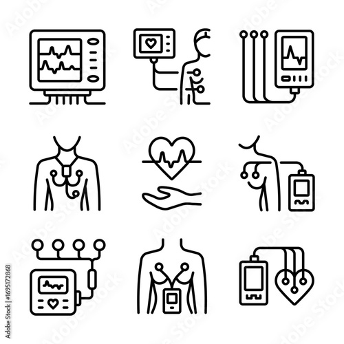 Holter monitoring system tracking cardio problem. Portable Dynamic EKG Recorder. ECG and blood pressure monitoring. Cardiogram Outline Icons Set Isolated on white background. Vector simple illustratio