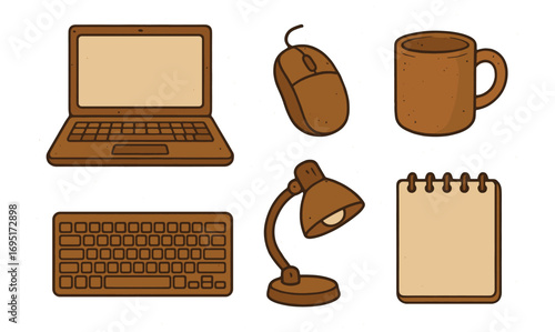 Retro style office supplies: laptop, mouse, mug, keyboard, lamp, notepad