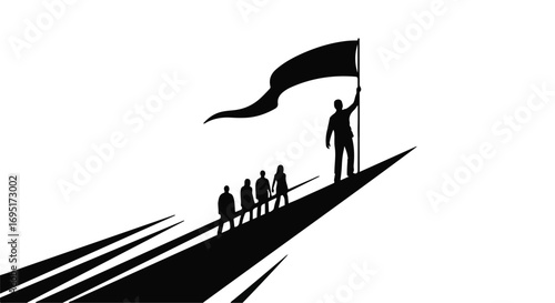 Silhouette of a leader holding a flag on a high peak with a team following behind, symbolizing success and teamwork.