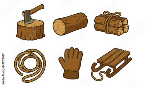 Vintage camping gear and tools: axe, sled, and more in rustic style