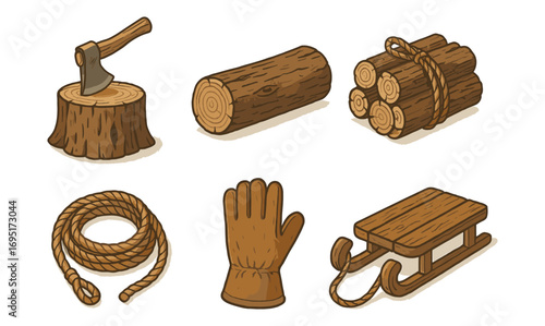 Rustic winter essentials collection with axe, logs, rope, glove, and sled