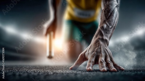An athlete prepares to run a relay race, hand ready on the track.