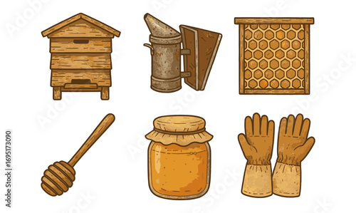 Rustic beekeeping elements collection with honey jar and tools in engraved style