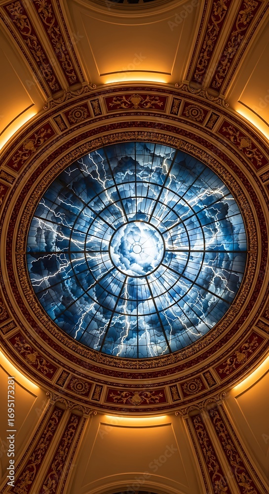 Obraz premium Ornate circular stained glass dome skylight showing dramatic blue sky and clouds inside historic.
