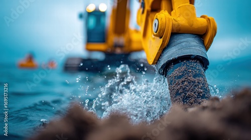 Yellow excavator dredging in the water, creating splashes as it works on a construction project.