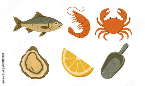 Retro seafood set: fish, shrimp, crab, oyster, lemon, and scoop
