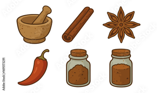 Collection of traditional spice and herb icons in vintage style