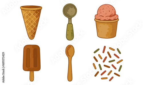Retro ice cream elements: cone, scoop, cup, popsicle, sprinkles in vintage style