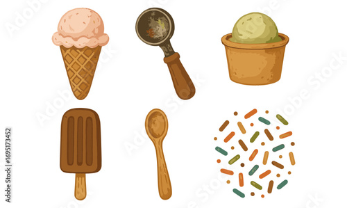 Retro ice cream set with cones, scoops, and toppings in soft textured style