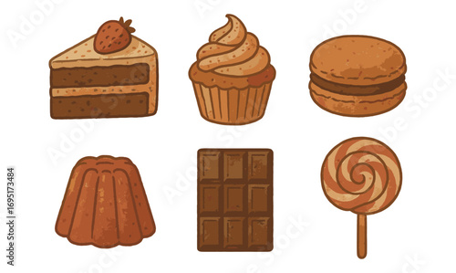 Textured dessert collection: cake, cupcake, macaron, pudding, chocolate, lollipop