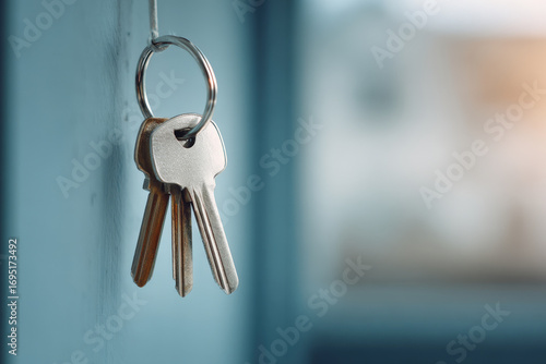 set of keys hanging on hook near door set against clean ultrabright background