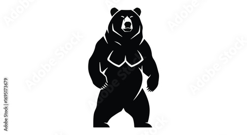 Powerful black bear standing tall and alert against a stark white background