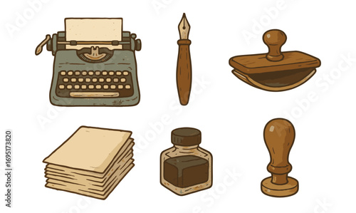 Retro writing tools: vintage typewriter, ink pen, and stamps collection